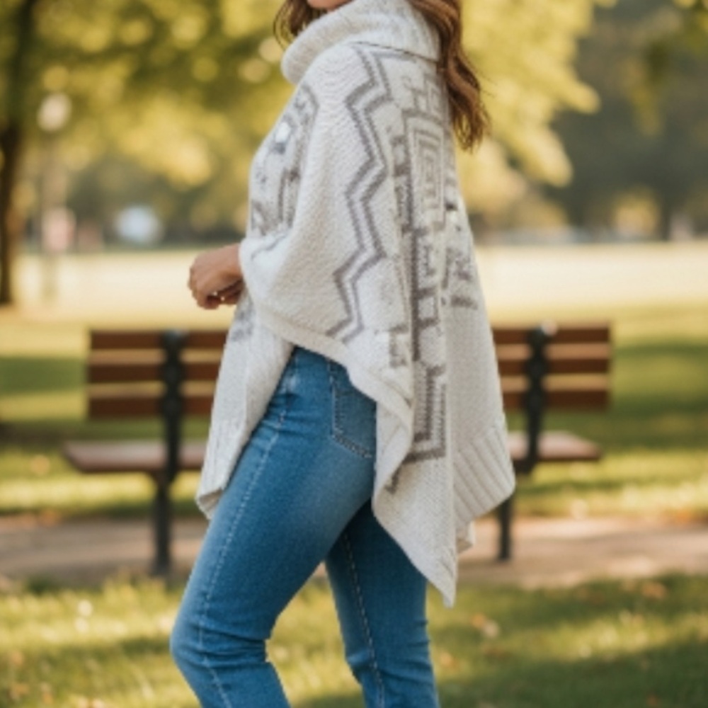 Sonoma Cozy Cream & Tan Patterned Poncho